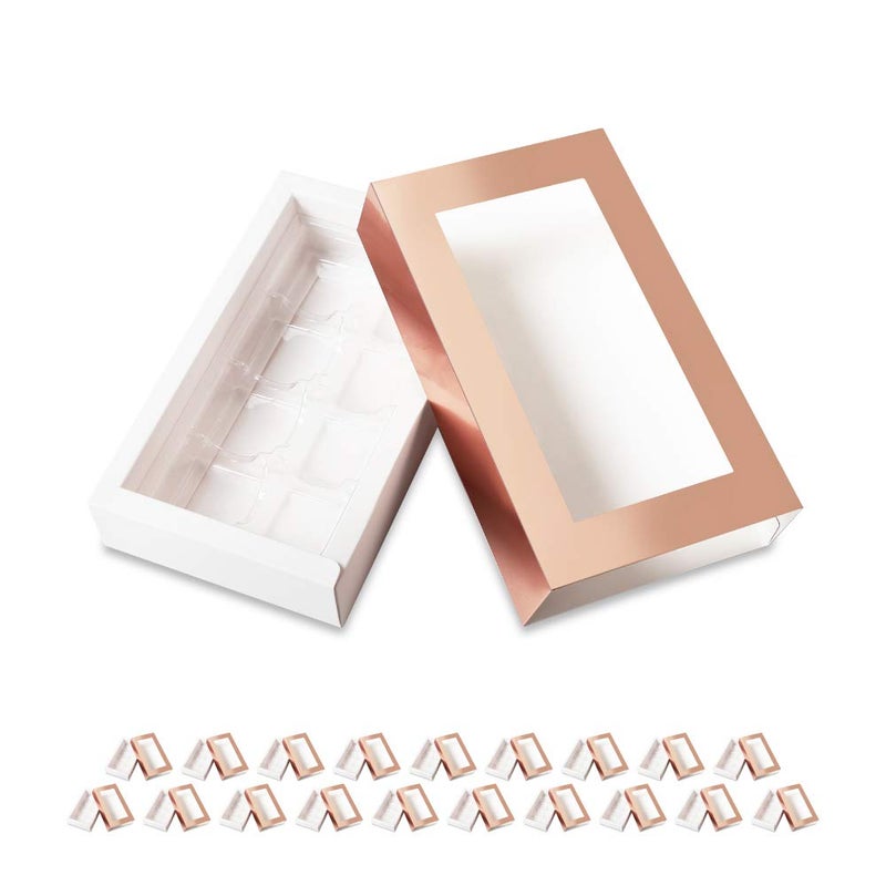 BAKIPACK 20 Rose Gold Truffle Box, Chocolate Box Packaging, Candy Boxes with 8-Piece Plastics Tray (Tray Size with 5.75x2.75 Inches), Pull Out Packing with Clear Window Sleeves - Image 1